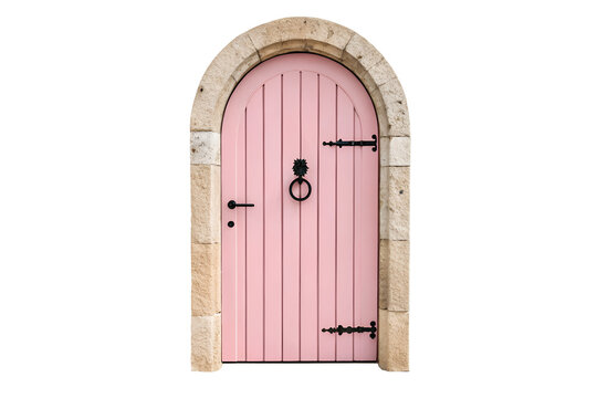 Pink Arched Door, Pastel Wooden Door, Stone Framed Pink Door, Cottage Entry Door, Vintage Pink Door
