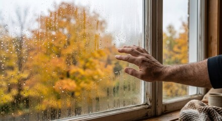 Obraz premium Man hand touching wet fogged window glass on autumn rainy day