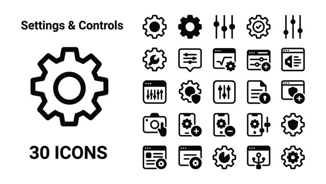 Settings and Controls Icon Set: A comprehensive collection of 30 flat icons representing various settings, controls, and system functions, perfect for user interfaces and technical designs.