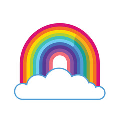 Obraz premium A vibrant rainbow with multiple colors arching over a fluffy white cloud with a blue outline, a cheerful graphic illustration.