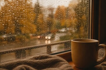 Obraz premium Cozy cup of hot drink on windowsill on rainy autumn day