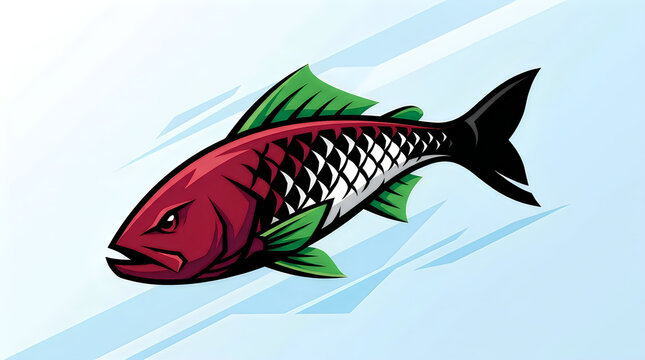 Angry red fish illustration with green fins and scales illustration