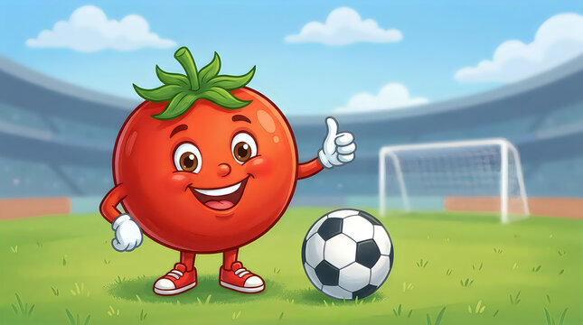 Happy cartoon tomato character playing soccer on a field illustration