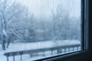 Obraz premium Fogged window glass with condensation drops overlooking snowy winter landscape