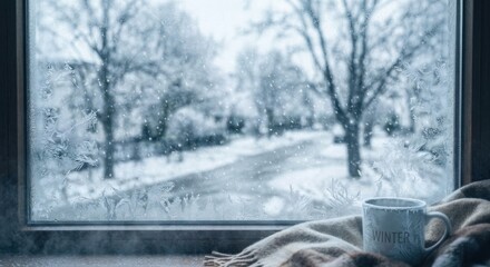 Obraz premium Fogged window glass with condensation drops overlooking snowy winter landscape
