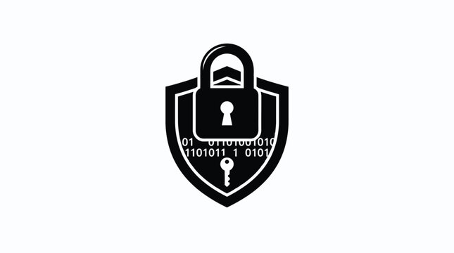 Cyber security shield icon featuring a digital padlock and binary code patterns isolated on white background for modern corporate data protection and encrypted information safety