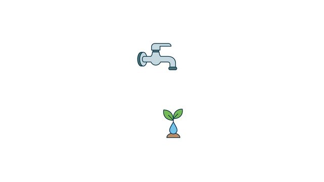 Concept of saving water for future growth, water drop falling from tap on plant.