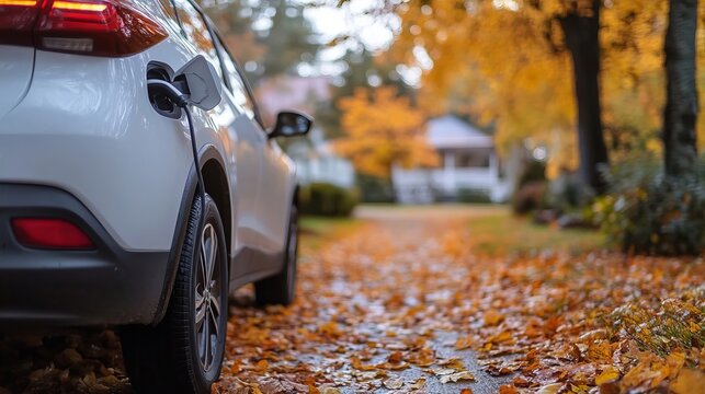 Electric Vehicle Charging At Home In An Autumn Setting With Fallen Leaves On The Asphalt Driveway