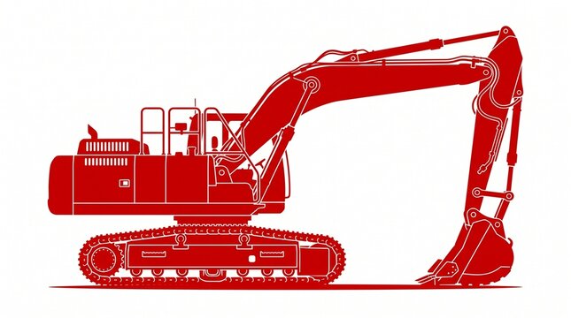 Red excavator silhouette isolated on white background for construction and industrial design.