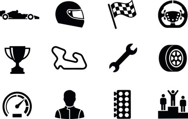Fototapeta premium 12 Formula 1 Racing and Motorsport Solid Glyph Icons Set