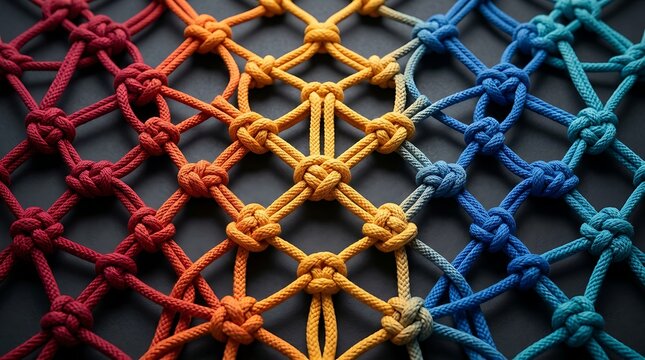 Colorful macrame rope net with intricate knot pattern