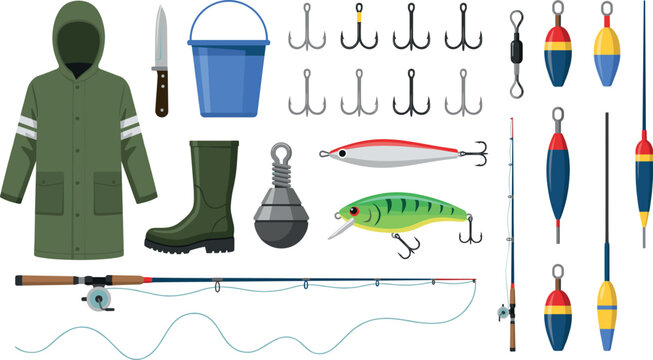 Fishing gear vector icon set with rod hooks bobbers lures raincoat and boots for outdoor recreation graphic designs