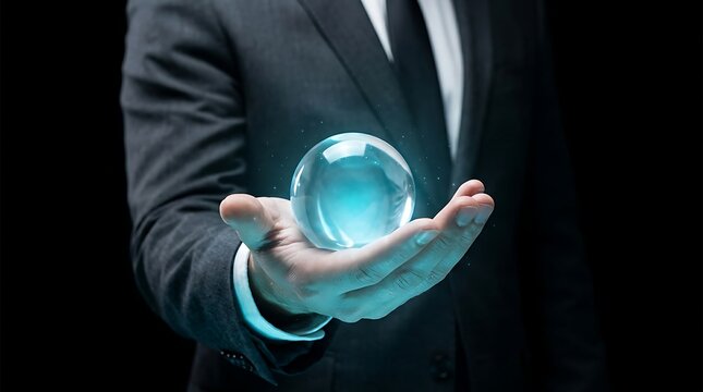 Businessman holding a glowing crystal ball in his hand