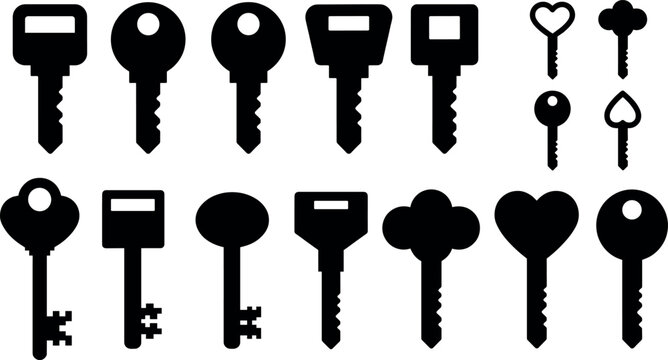 Key silhouette vector icon set featuring various house locker heart shaped and vintage security keys for lock access concepts