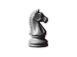 Halftone chess knight piece graphic sticker isolated on transparent background, retro screen print design element © creatfive