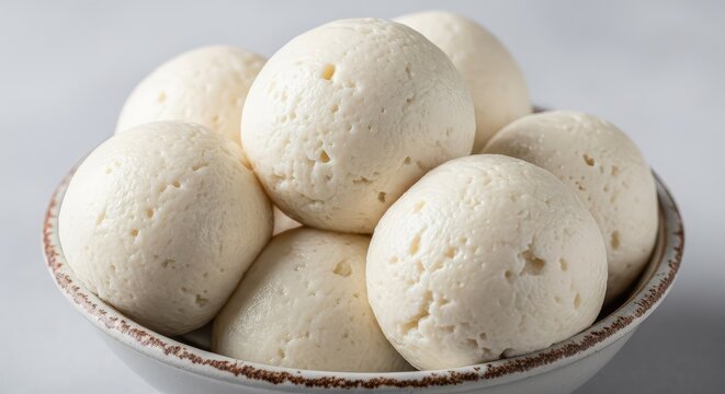 A close up shot of perfectly smooth white pounded yam fufu balls arranged in a bowl, showcasing the soft texture of this traditional meal, meal, eating, healthy