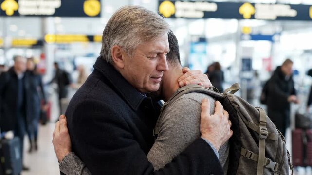 Father and son grip each other in a firm embrace at an airport arrivals hall, both holding on tightly without saying a word. Reunion concept