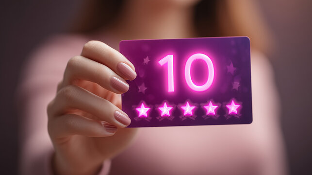 Woman holding a card with ten out of ten rating and five glowing stars for customer feedback.