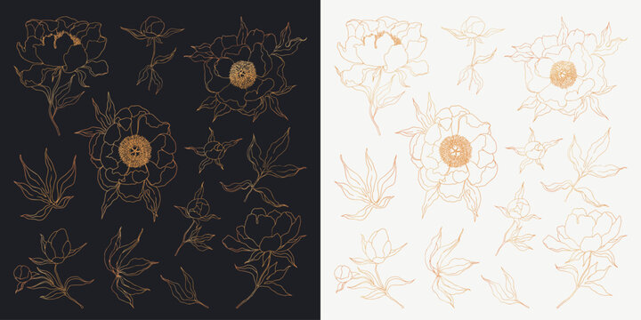Outline peony flowers decorative set. Collection of golden peonies symbol. Shine linear floral silhouettes. Isolated contour for cards, logo, decorations, invitations design.