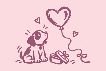 Fototapeta premium Cute Dog with Heart Balloon and Gift Box Hand Drawn Doodle