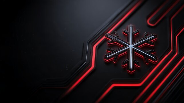 Futuristic 3D snowflake on dark high-tech background with glowing red neon lines, modern sci-fi Christmas winter holiday design element