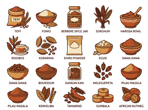 African Spices and Grains Collection with Illustrated Labels
