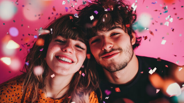 Smiling couple celebrating with confetti and joy