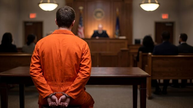 Male defendant wearing bright orange prison uniform sits in handcuffs inside a serious formal American courtroom