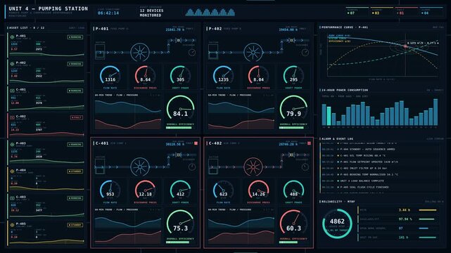 A dark-mode interface for remote monitoring of industrial pumps and compressors featuring live data, equipment status, and animated flow indicators in a sleek design.