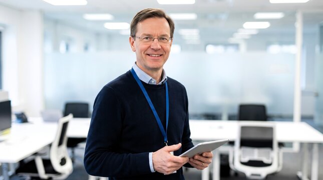 Professional smiling businessman wearing dark sweater holds slim digital tablet while standing in modern office space