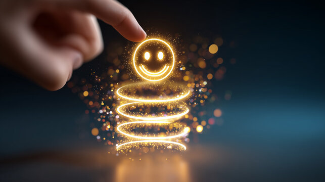 Human hand selecting a glowing smiley face icon representing customer satisfaction feedback.