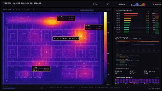 A detailed thermal imaging overlay dashboard designed for monitoring industrial electrical panels, featuring a dark mode interface and vibrant thermal color scale for temperature visualization.