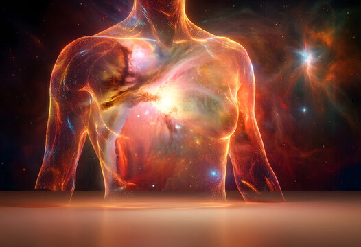 Human consciousness and cosmic connection, ethereal body silhouette filled with nebula and starlight spiritual awakening and universal energy