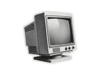 Retro CRT computer monitor illustration with halftone dot texture isolated on transparent background © creatfive