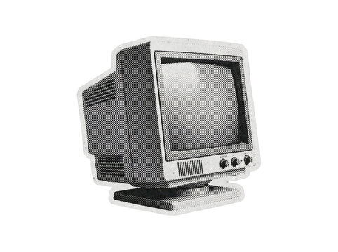 Retro CRT computer monitor illustration with halftone dot texture isolated on transparent background