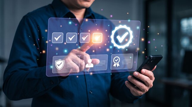 Business professional interacting with holographic quality assurance interface using a dark smartphone in dim lighting conditions