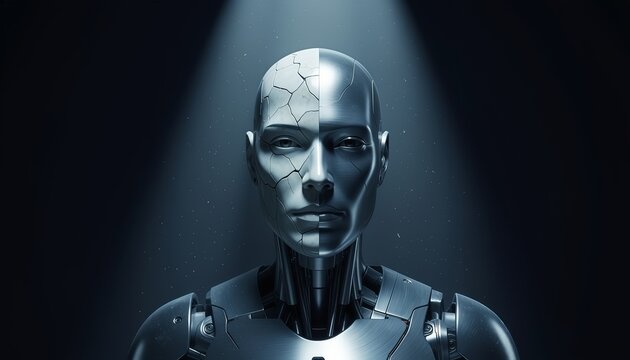 Futuristic humanoid robot with half cracked face under spotlight