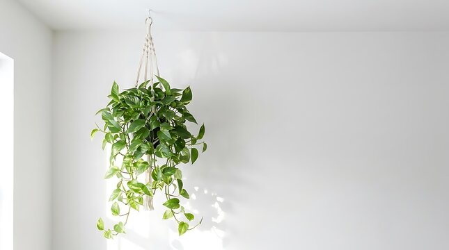 A pothos plant hangs from the ceiling in a bright minimalist interior