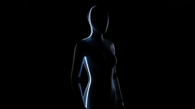 Futuristic female humanoid robot with glowing light strip on dark background