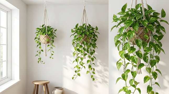 Pothos plants hang in macrame planters against a light colored wall