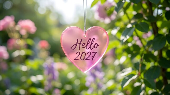 A delicate glass heart ornament with hello 2023 written on it hangs amidst a lush garden of pink and purple flowers