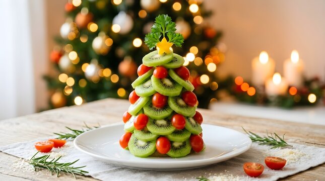 A delightful christmas tree shaped salad featuring fresh kiwi strawberries and grapes is beautifully presented on a white plate with festive holiday