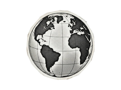 Circular paper cutout of halftone black and white earth globe map isolated on transparent background