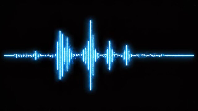 Audio waveform expanding and contracting with subtle blue light pulses on a dark background