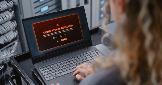 Female Professional Investigates Cyber Attack Alert Through Linux CLI, Monitoring Server Status and Entering Emergency Commands During Active Cybersecurity Incident Response Inside Facility.