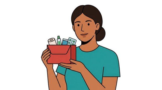 holding a small first aid kit with medical supplies, summer travel safety, team of South Asian characters detail shot, single object or hands with obj
