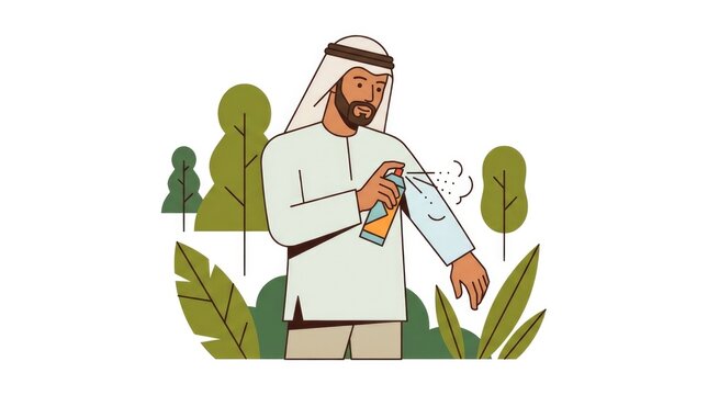 spraying insect repellent on light-colored clothes, forest protection hacks, Middle Eastern character
