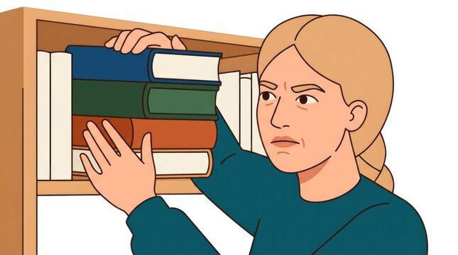stacking heavy books on a minimalist wooden bookshelf, living room organization, Slavic character close-up shot, face and shoulders filling frame, str