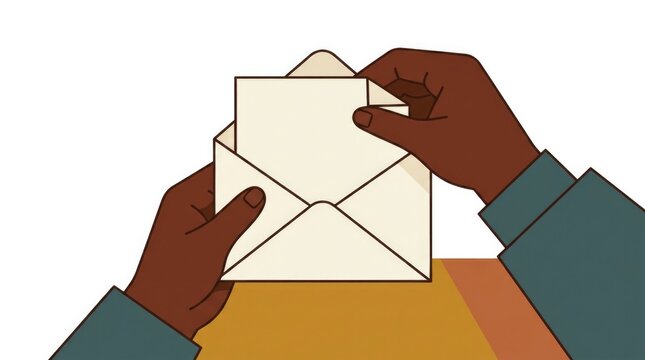 tucking a hand-written letter into an envelope, traditional communication in a digital world, hands of a Black adult character detail shot, single obj