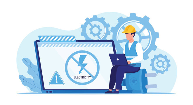 Electricity outage and maintenance concept, electrician working on laptop with gears in background, illustrating power supply issues and repair.